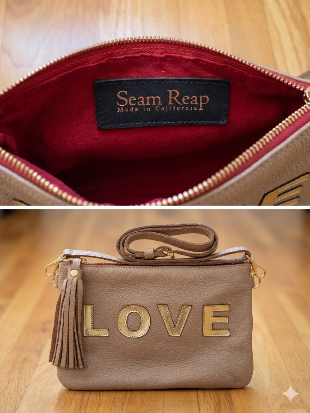 SEAM REAP Beige Tan LOVE Medium Crossbody Clutch Bag $185 Retail - STUNNING